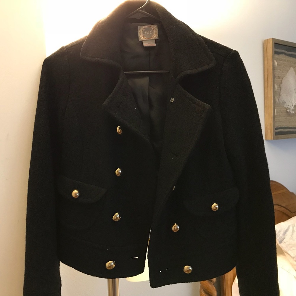 Cropped double breasted wool blend coat